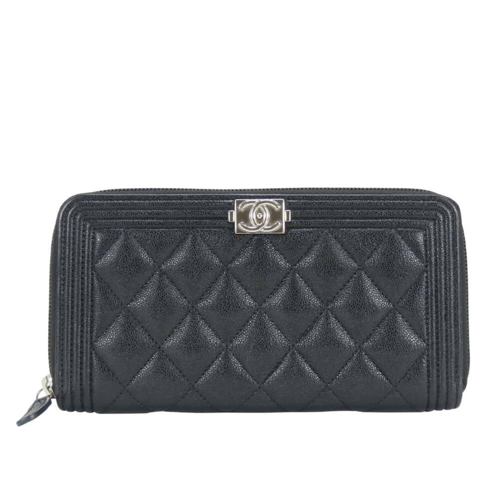 CHANEL Authentic Black Caviar Leather Logo Wallet
